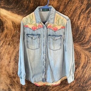 Denim Button Down Shirt with Cactus and Floral Design